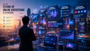 Futuristic online advertising concept with AI, analytics dashboards, and digital marketing technology in a smart city landscape.
